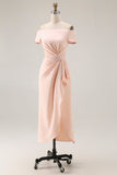 Apricot Off The Shoulder Ruched Sheath Mother Of The Bride Dress with Ruffle Slit