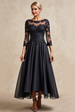 Black A Line 3/4 Sleeve Tea Length Mother of the Bride Dress with Appliques
