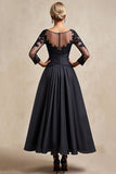 Black A Line Tea Length 3/4 Sleeve Mother of the Bride Dress with Appliques