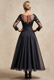 Black A Line 3/4 Sleeve Tea Length Mother of the Bride Dress with Appliques