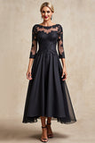 Black A Line 3/4 Sleeve Tea Length Mother of the Bride Dress with Appliques