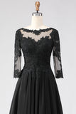 Black A Line Tea Length 3/4 Sleeve Mother of the Bride Dress with Appliques