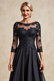 Black A Line 3/4 Sleeve Tea Length Mother of the Bride Dress with Appliques