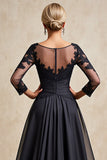 Black A Line 3/4 Sleeve Tea Length Mother of the Bride Dress with Appliques