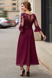 Cabernet Applique A Line Tea Length Mother of the Bride Dress