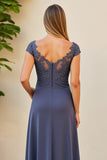 Twilight Ruched Lace Applique Mother of the Bride Dress with Slit