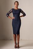 Bodycon 3/4 Sleeve Midi Navy Mother of the Bride Dress with Lace Appliques