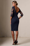 Bodycon 3/4 Sleeve Midi Navy Mother of the Bride Dress with Lace Appliques