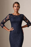 Bodycon 3/4 Sleeve Midi Navy Mother of the Bride Dress with Lace Appliques