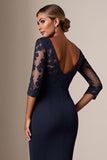 Bodycon 3/4 Sleeve Midi Navy Mother of the Bride Dress with Lace Appliques