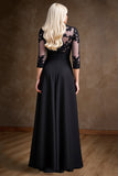 Black Satin A Line Mother of the Bride Dress with Lace Appliques