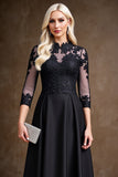 Black Satin A Line Mother of the Bride Dress with Lace Appliques