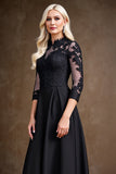 Black Satin A Line Mother of the Bride Dress with Lace Appliques