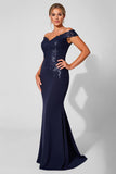 Off the Shoulder Mermaid Navy Mother of the Bride Dress with Appliques