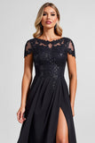 Black A Line Chiffon Applique Mother of the Bride Dress with Slit