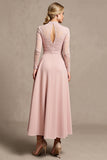 High Neck Long Sleeve Candy Pink Mother of the Bride Dress with Appliques