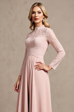 High Neck Long Sleeve Candy Pink Mother of the Bride Dress with Appliques