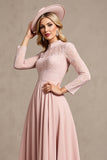 High Neck Long Sleeve Candy Pink Mother of the Bride Dress with Appliques