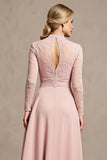High Neck Long Sleeve Candy Pink Mother of the Bride Dress with Appliques