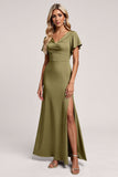 Olive V Neck Bridesmaid Dress with Slit