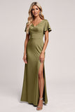 Olive V Neck Bridesmaid Dress with Slit