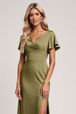 Olive V Neck Bridesmaid Dress with Slit