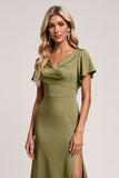 Olive V Neck Bridesmaid Dress with Slit