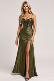 Olive Sequin Satin A Line Bridesmaid Dress with Slit
