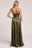Olive Sequin Satin A Line Bridesmaid Dress with Slit