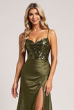 Olive Sequin Satin A Line Bridesmaid Dress with Slit