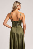 Olive Sequin Satin A Line Bridesmaid Dress with Slit