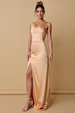 Champagne Satin Cowl Neck Bridesmaid Dress with Slit