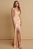 Champagne Satin Cowl Neck Bridesmaid Dress with Slit