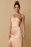 Champagne Satin Cowl Neck Bridesmaid Dress with Slit