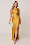 One Shoulder Sheath Gold Satin Bridesmaid Dress
