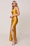One Shoulder Sheath Gold Satin Bridesmaid Dress
