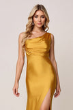 One Shoulder Sheath Gold Satin Bridesmaid Dress