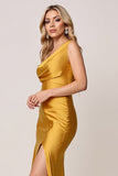 One Shoulder Sheath Gold Satin Bridesmaid Dress