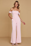 Off The Shoulder Pink Chiffon Bridesmaid Jumpsuit
