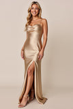 Gold Sheath Cowl Neck Satin Bridesmaid Dress with Slit