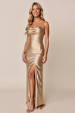 Gold Sheath Cowl Neck Satin Bridesmaid Dress with Slit