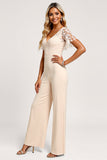 Apricot V-Neck Chiffon Lace Bridesmaid Jumpsuit
