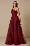 One Shoulder Tulle Red A Line Bridesmaid Dress