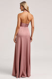 Halter Pink A Line Satin Bridesmaid Dress