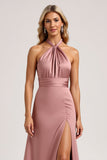 Halter Pink A Line Satin Bridesmaid Dress