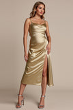 Gold Spaghetti Straps Satin Midi Bridesmaid Dress with Slit