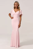 Mermaid Chiffon V-Neck Pink Bridesmaid Dress