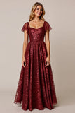 Cabernet A Line Applique Wedding Guest Dress with Short Sleeves