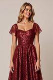 Cabernet A Line Applique Wedding Guest Dress with Short Sleeves