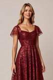 Cabernet A Line Applique Wedding Guest Dress with Short Sleeves